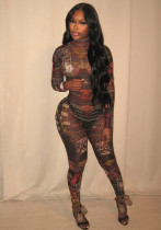 Women Spring Sexy Mesh See-Through Printed Jumpsuit Women Spring Sexy Mesh See-Through Printed Jumpsuit