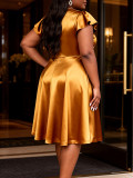 Plus Size Women Gold Floral V-Neck Ruffle Sleeve Formal Evening Dress