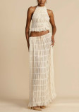 Spring Summer Women Vacation Pleated Halter Top & Maxi Skirt Two-Piece Set