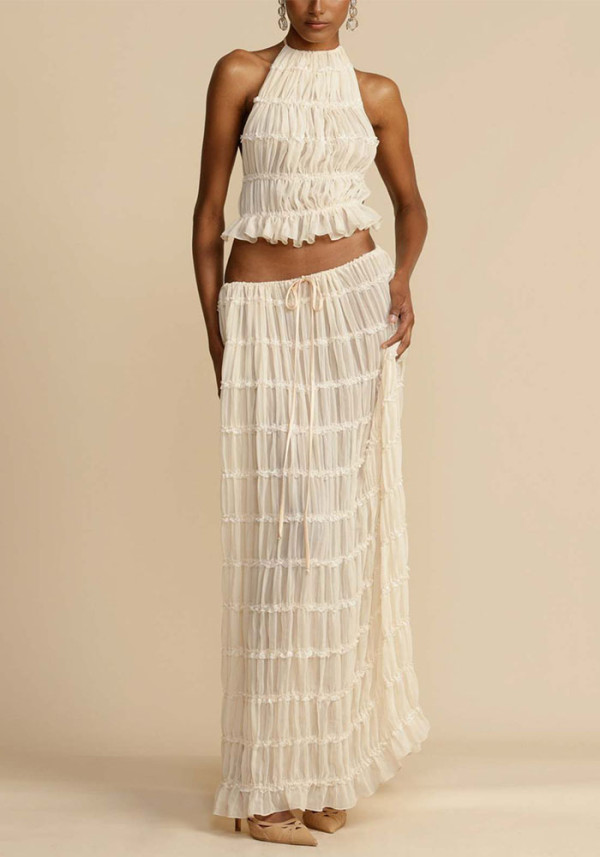 Spring Summer Women Vacation Pleated Halter Top & Maxi Skirt Two-Piece Set