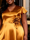 Plus Size Women Gold Floral V-Neck Ruffle Sleeve Formal Evening Dress