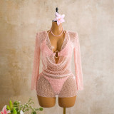 Women Sequin Mesh Long Sleeve Bikini Three-Piece Swimsuit