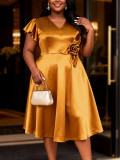 Plus Size Women Gold Floral V-Neck Ruffle Sleeve Formal Evening Dress