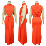 Summer Women High Neck Metal Detail Open Waist Bodycon Dress