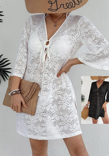 Women Hollow Knitted Deep V Beach Cover-Up Dress