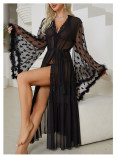 Women Heart Print Mesh See-Through Robe Lingerie