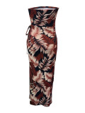 Women Floral Strapless High Split Dress Vacation Wear