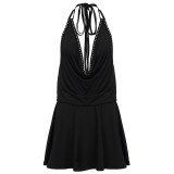 Women Sexy Lace-up Halter Neck Strap Mini Club Dress