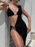 Women Solid Bikini  with Cover-Up Three-Piece Swimsuit Set