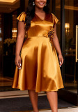 Plus Size Women Gold Floral V-Neck Ruffle Sleeve Formal Evening Dress