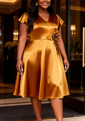 Plus Size Women Gold Floral V-Neck Ruffle Sleeve Formal Evening Dress