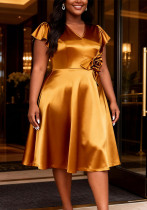 Plus Size Women Gold Floral V-Neck Ruffle Sleeve Formal Evening Dress Plus Size Women Gold Floral V-Neck Ruffle Sleeve Formal Evening Dress