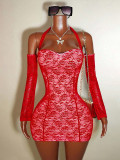 Summer Women Sexy Lace Patchwork Strapless Halter Bodycon Dress