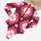 Women Printed Long Sleeve Zip Surfing Swimsuit
