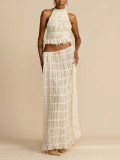 Spring Summer Women Vacation Pleated Halter Top & Maxi Skirt Two-Piece Set