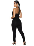 Spring Summer Women Sexy Ribbed Cut-Out Halter Neck Slim Fit Jumpsuit Romper