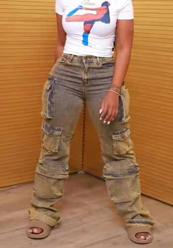 Women Cargo Denim Wide Leg Jeans Streetwear