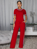 Spring Summer Women Trendy Patchwork Ribbed Contrast Lounge Two-Piece Pants Set