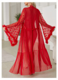 Women Heart Print Mesh See-Through Robe Lingerie