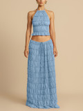 Spring Summer Women Vacation Pleated Halter Top & Maxi Skirt Two-Piece Set