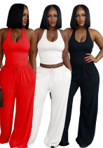 Summer Women Casual Street Halter Top & High Waist Wide Leg Pants Set