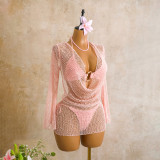 Women Sequin Mesh Long Sleeve Bikini Three-Piece Swimsuit