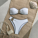 Women Solid Shell Metal Decor Bikini Two-Piece Swimsuit