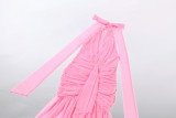 Spring Women Sexy Chic Mesh Patchwork Halter Neck Ruched Bodycon Dress