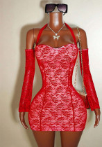 Summer Women Sexy Lace Patchwork Strapless Halter Bodycon Dress