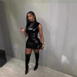Spring Summer Women PU Sleeveless Sexy Bodycon Mini Dress