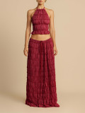 Spring Summer Women Vacation Pleated Halter Top & Maxi Skirt Two-Piece Set