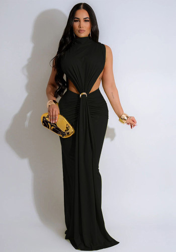 Summer Women High Neck Metal Detail Open Waist Bodycon Dress