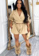 Women Casual Turndown Collar Crop Top & Waist Tie Shorts Two-Piece Set
