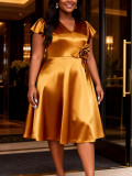 Plus Size Women Gold Floral V-Neck Ruffle Sleeve Formal Evening Dress
