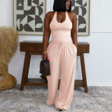Summer Women Casual Street Halter Top & High Waist Wide Leg Pants Set
