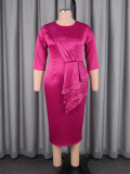Plus Size Women Rose Satin Beaded Ruffle Slim Waist Party Midi Dress