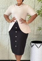 Spring Women Elegant Chic Round Neck Half Sleeve Patchwork Bodycon Midi Dress Spring Women Elegant Chic Round Neck Half Sleeve Patchwork Bodycon Midi Dress