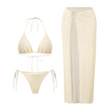 Women Mesh Lace Halter Neck Tie Bikini Three-Piece Beach Set