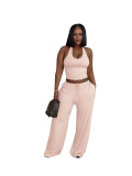Summer Women Casual Street Halter Top & High Waist Wide Leg Pants Set