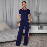 Spring Summer Women Trendy Patchwork Ribbed Contrast Lounge Two-Piece Pants Set