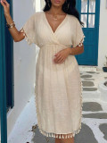 Women Fringe Patchwork Deep V Beach Maxi Dress