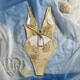 Women Shiny Lace-Up Cut-Out One-Piece Swimsuit Monokini