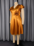 Plus Size Women Gold Floral V-Neck Ruffle Sleeve Formal Evening Dress