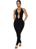 Spring Summer Women Sexy Ribbed Cut-Out Halter Neck Slim Fit Jumpsuit Romper