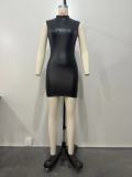 Spring Summer Women PU Sleeveless Sexy Bodycon Mini Dress