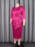 Plus Size Women Rose Satin Beaded Ruffle Slim Waist Party Midi Dress