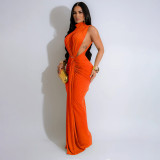 Summer Women High Neck Metal Detail Open Waist Bodycon Dress