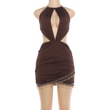 Spring Women Sexy Halter Neck Fringe Patchwork Low Back Bodycon Dress