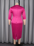 Plus Size Women Rose Satin Beaded Ruffle Slim Waist Party Midi Dress