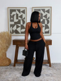 Summer Women Casual Street Halter Top & High Waist Wide Leg Pants Set